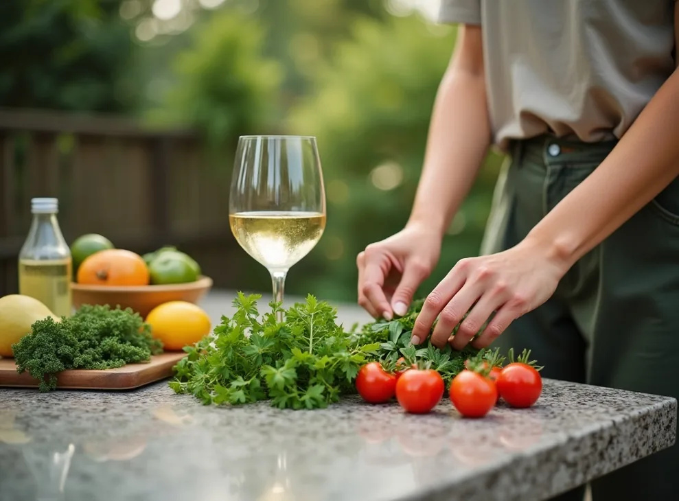 Close-up of woman hands arranging fresh herbs and vegetables on granite outdoor countertop
