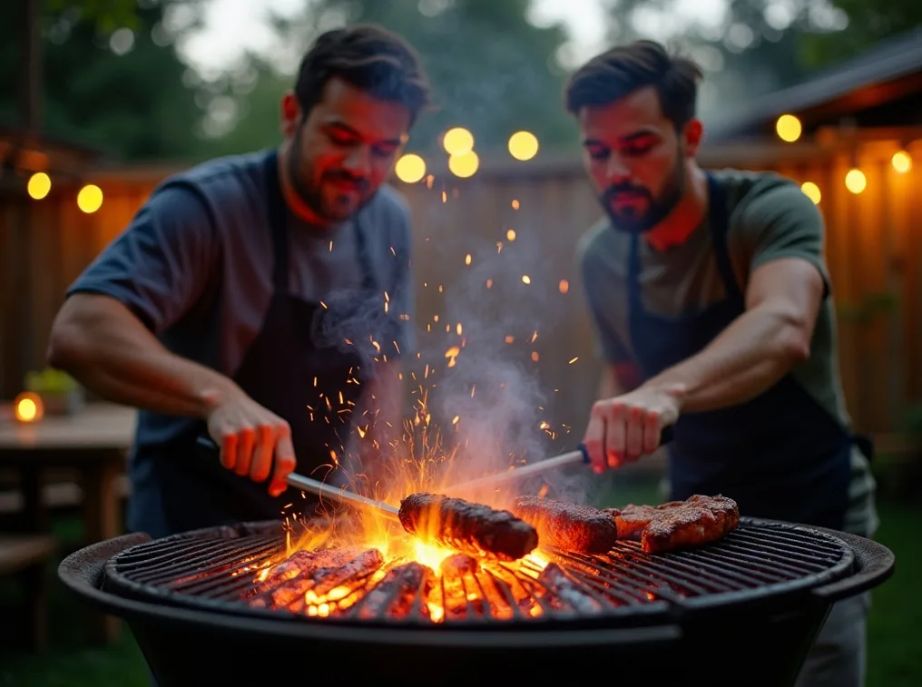 Man grilling over glowing charcoal at cast iron grill station with sparks
