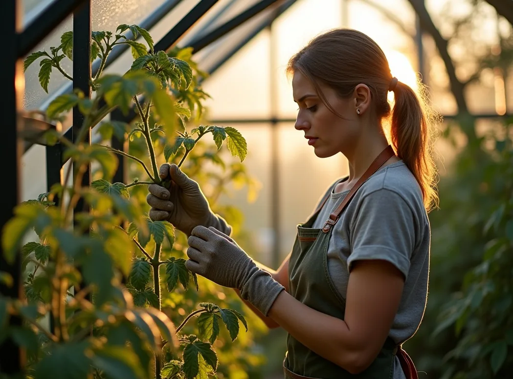 Early morning gardener in orangery pruning tomato vines with soft backlight