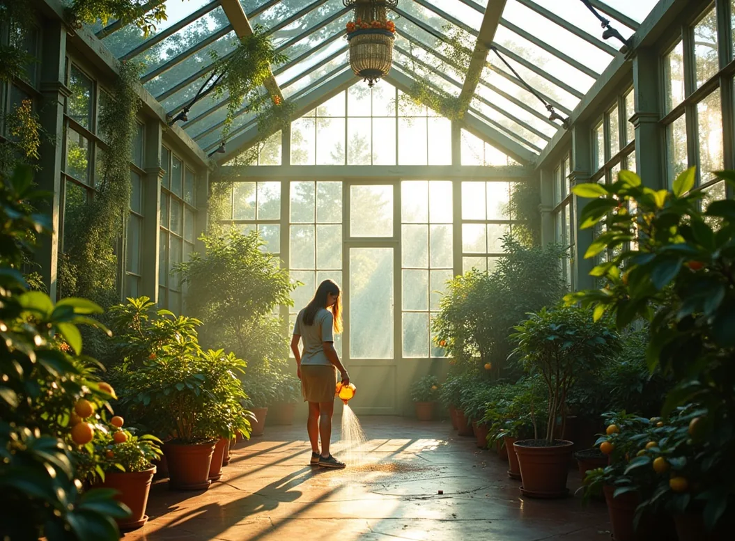 Glass orangery interior with potted citrus trees and lush greenery in morning mist