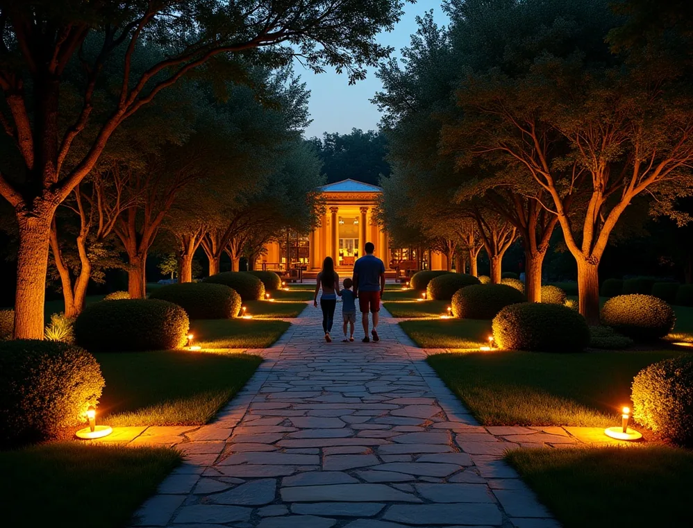 Night garden illuminated by warm ground spotlights along stone path with dramatically uplit trees