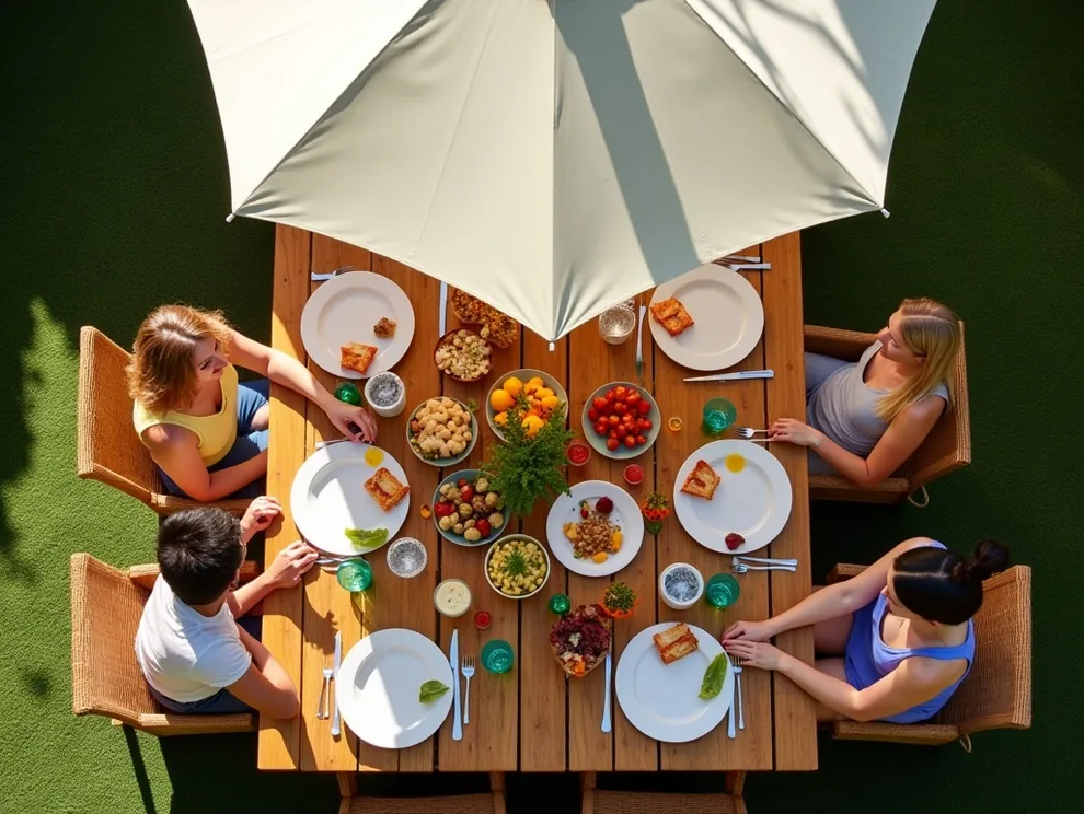 Overhead view of outdoor dining table under cantilever umbrella at midday
