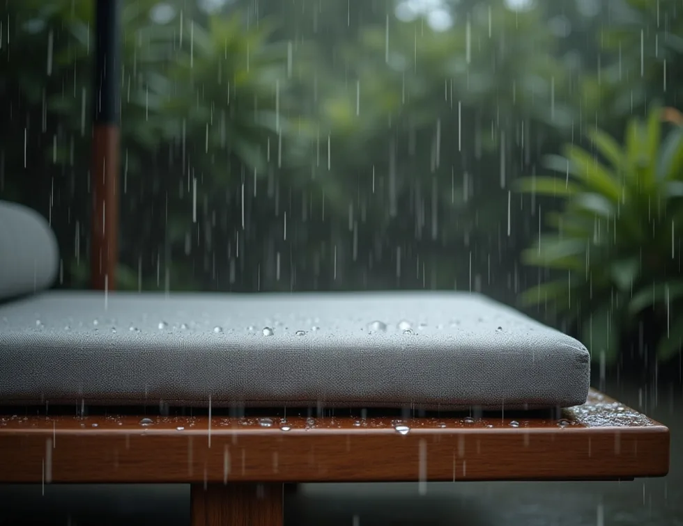 Rainy afternoon water beading on teak lounge sofa cushion under umbrella