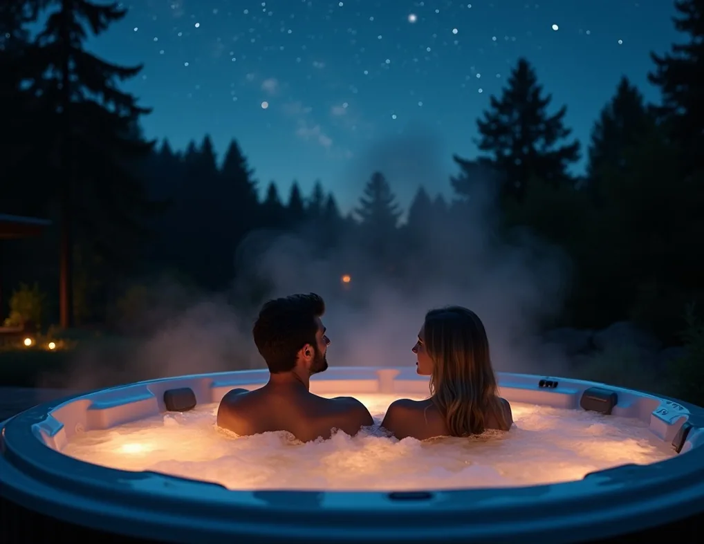 Steamy outdoor spa jacuzzi under starry night sky surrounded by dark pines