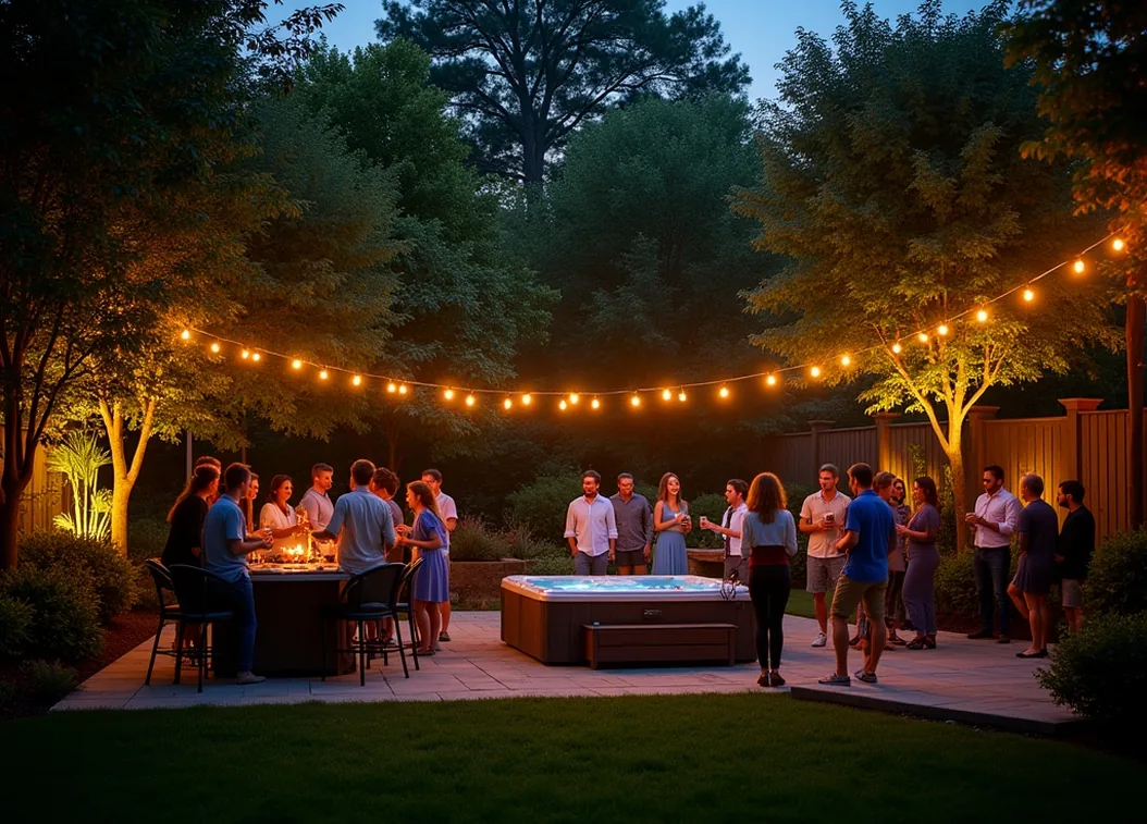 Twilight garden party with warm spotlights and glowing spa in the distance