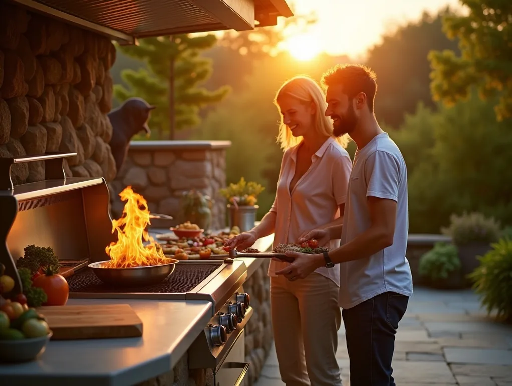 Couple preparing dinner at stainless steel outdoor kitchen on summer evening