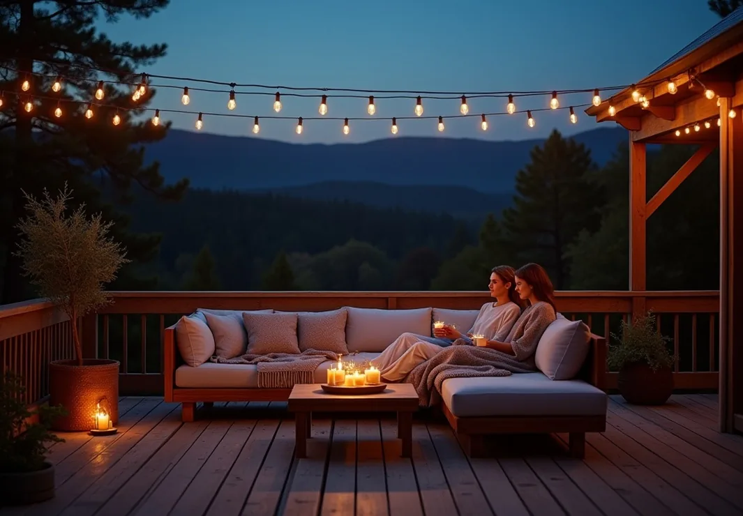 Modular teak lounge sofa on wooden deck at dusk with two friends relaxing