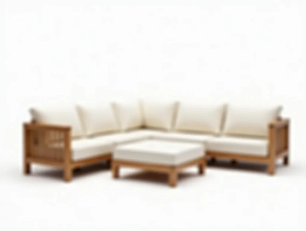 Modular teak lounge sofa set arranged as five separate units with off white water resistant cushions