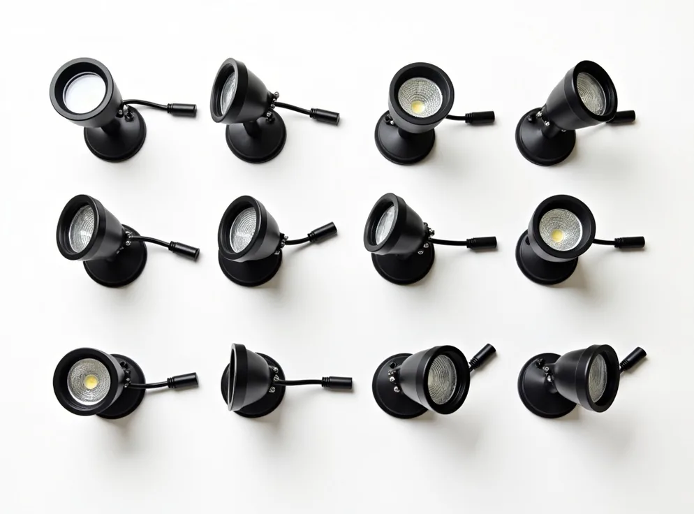 Flat lay arrangement of twelve compact aluminium garden spotlights in a neat grid