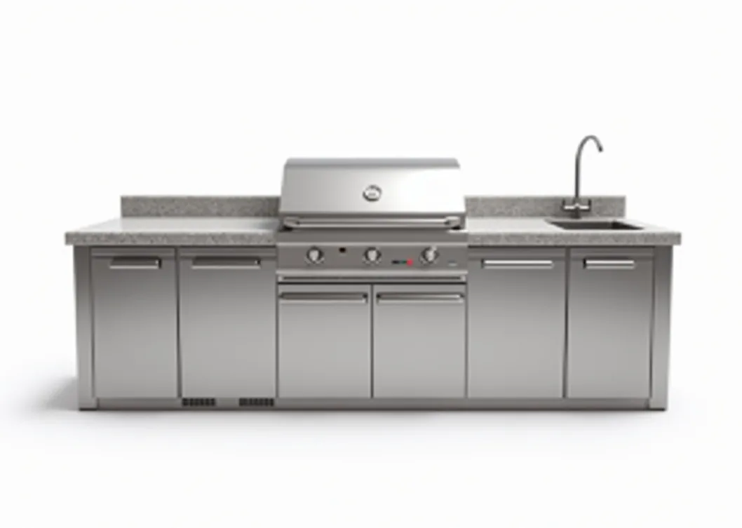 Large stainless steel outdoor kitchen module with four infrared burners and polished granite countertop