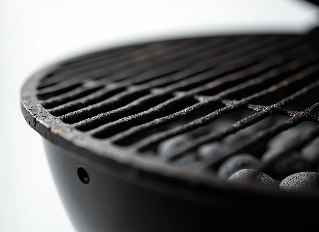 Macro close-up of cast iron grill grate on charcoal grill station with adjustable charcoal bed