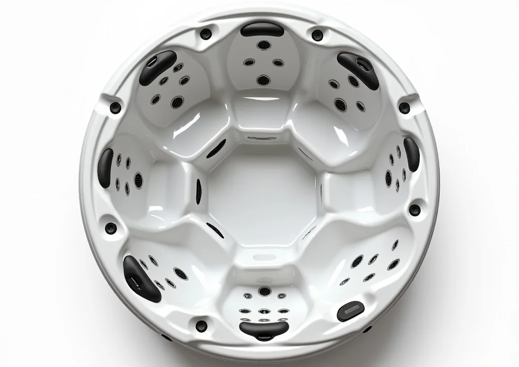 Top down overhead shot of round six seat outdoor spa jacuzzi showing interior seating layout